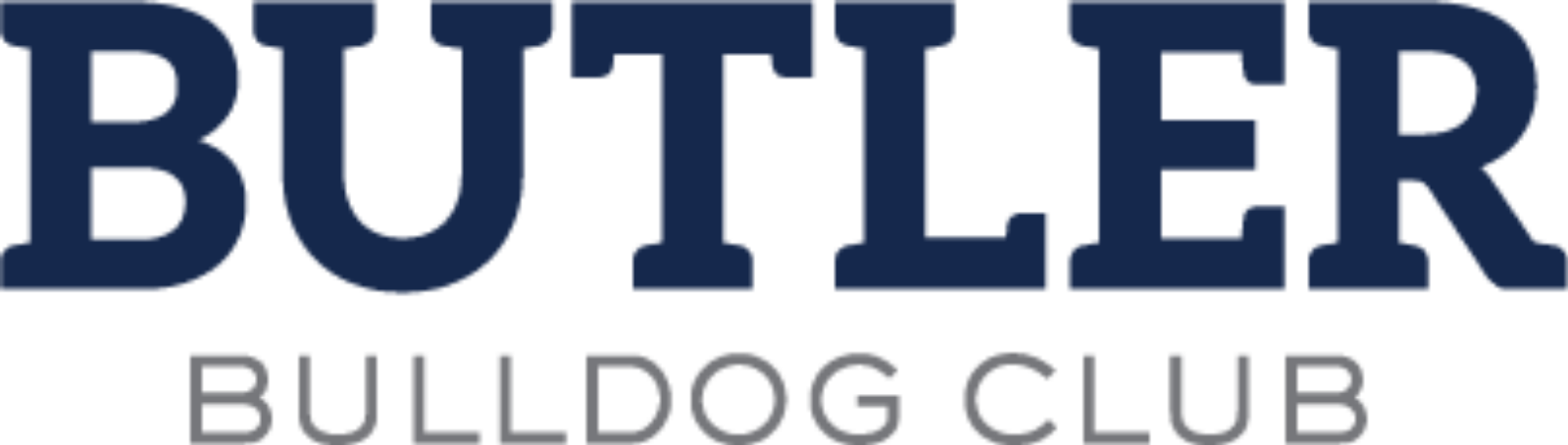 A Butler Bulldog Club Logo with "Butler" in navy and "bulldog club" in gray.