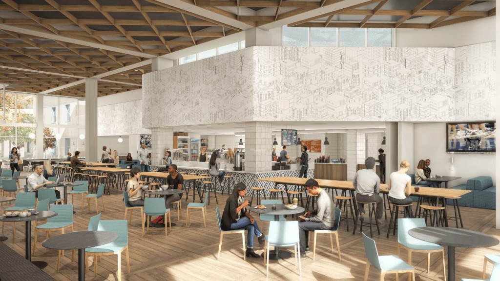 Digital rendering of new dining hall in ResCo, male and female students sitting at tables