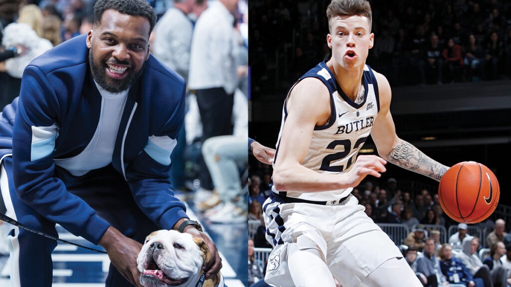 Left side of image shows a photo of Shelvin Mack wearing a navy blue and white track suit, and posing with Butler Blue IV. Right side of image shows an action shot of Sean McDermott ’20 with the ball during a game at Hinkle.
