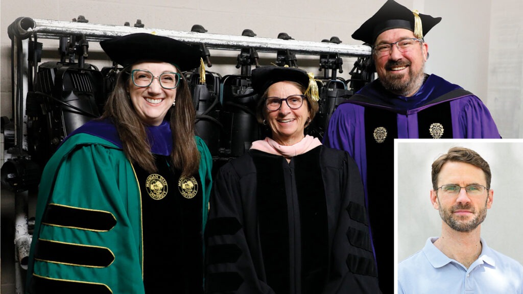 Butler educators honored with awards from the Indiana Music Education Association. From left to right; Dr. Becky Marsh, Dr. Penny Dimmick, and Dr. Brian Weidner, standing in their caps and gowns at the awards presentation. Headshot of Dr. Matt Pivec in the bottom right corner of the image.