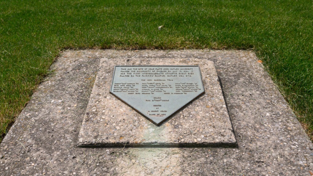 Historical home plate marker found resting on the lawn between Dugan Hall and Jordan Hall on Butler's campus.