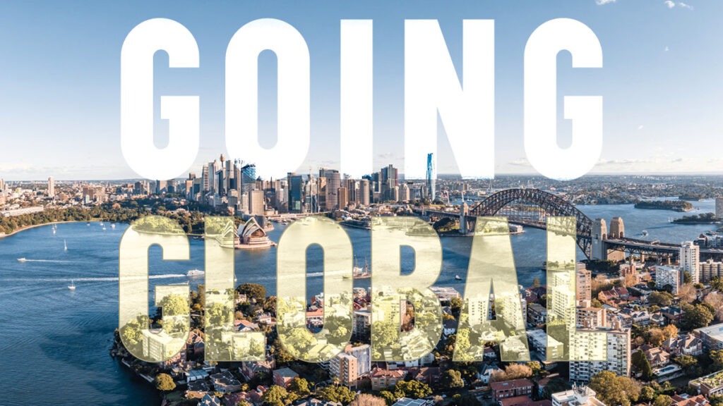 "Going Global" in large text overlays background of Sydney, Australia, aerial photograph.