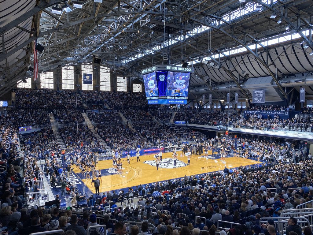 Full crowd inside Hinkle Fieldhouse for a basketball game.