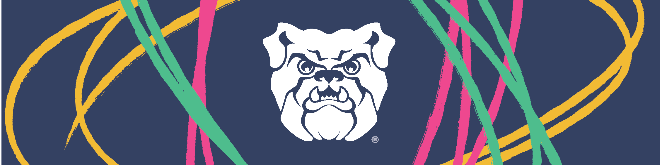 The Butler Bulldog logo surrounded by sketched ellipses such that the Bulldog resembles the nucleus of an atom