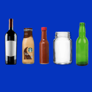Examples of recyclable glass items on a blue background. Items include a wine bottle, Starbucks Frappuccino bottle, sauce and food jars, and additional glass bottles
