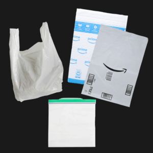 Plastic bags including plastic grocery bag, Amazon package bag, Ziplock bag.