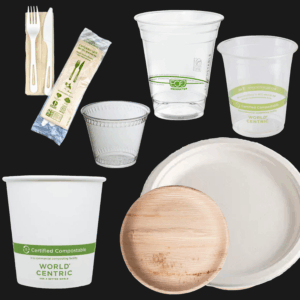 Items labeled as compostable including cutlery, plates, bowls, and cups as well as plant based plastic cups and bamboo plates.
