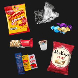 Candy wrappers, plastic wrap, chip bags, sauce packets and k-cups.