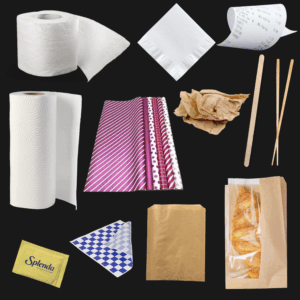 Toilet paper, napkins, paper towels, metallic wrapping paper, wax paper, pastry bags, wooden stir stick, wooden chopsticks, and receipt paper.