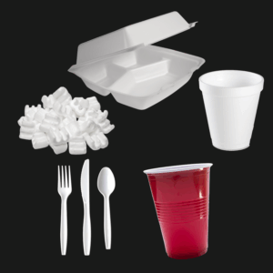 Styrofoam to go containers, cups, and packing peanuts, and other plastic 6 items including solo cups and plastic cutlery.