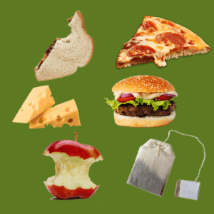 Examples of food items including peanut butter and jelly, pepperoni pizza, Swiss cheese, hamburger, apple core, tea bag.