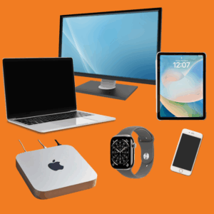 Laptop, computer, monitor, tablet, smartphone, smartwatch.