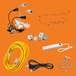 String lights, adapters, extension cords, earbuds, chargers, and power strips.