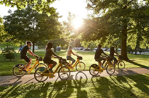Group of young adults rides together on Pacers Bikeshare bicycles as the late-day sun shines through trees.