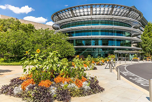 Large windows of main entrance to Newfields art museum with colorful flowerbeds in front.