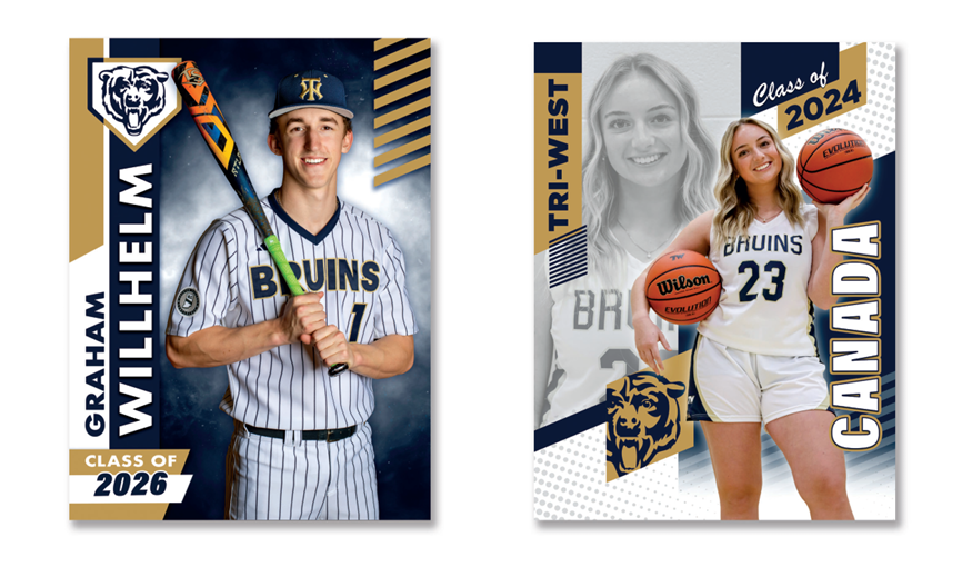 One poster of a male baseball player and one poster of a female basketball player, both professionally designed.