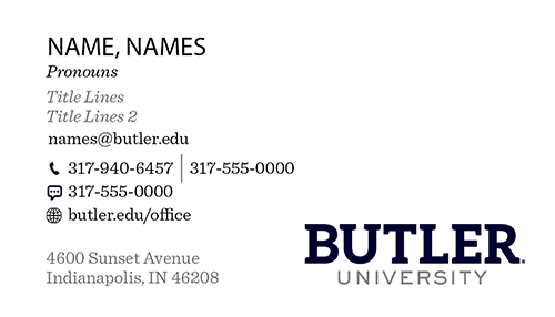 Business card layout with placeholder text for name and contact information and the Butler University wordmark.