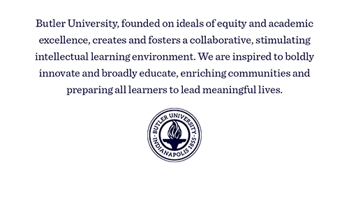 Business card layout with text statement about Butler University's founding ideals and mission, followed by the University seal.