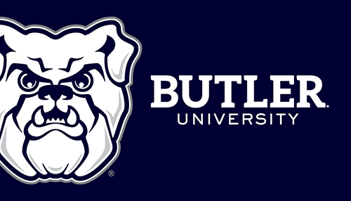 Business card layout with Butler University bulldog head logo and wordmark.
