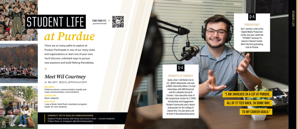 A spread of a student life section in a Purdue college brochure featuring a male student speaking on a podcast.