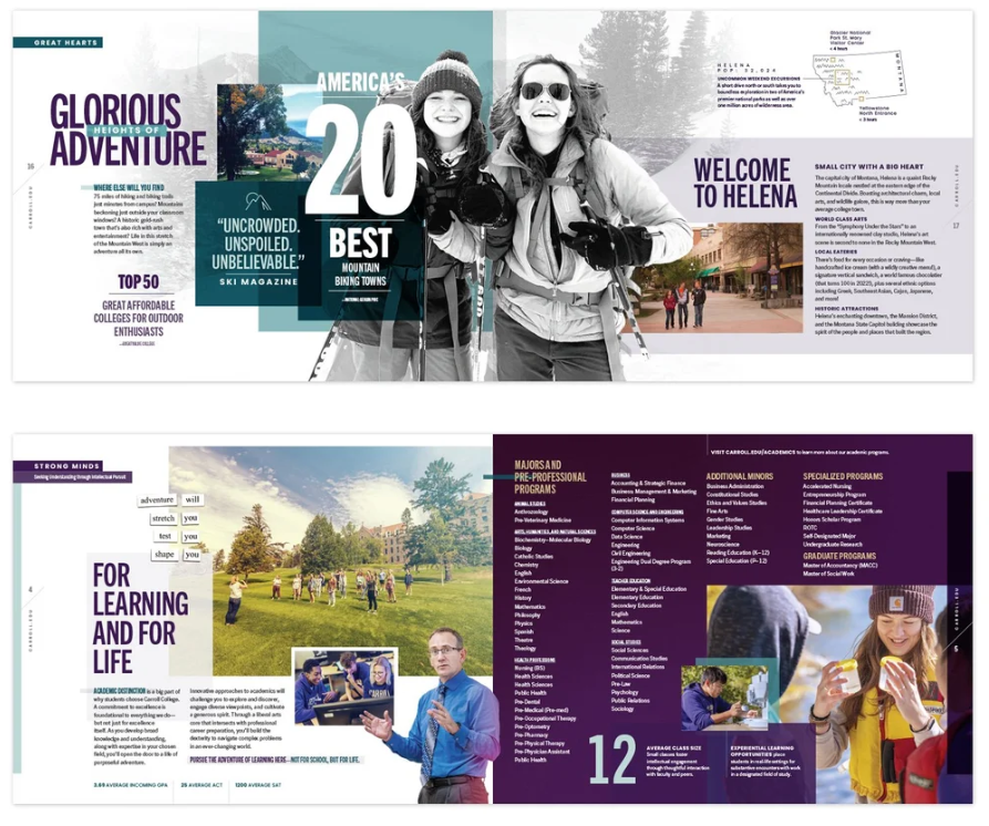 Two dynamically designed brochure spreads with smiling students and program highlights.
