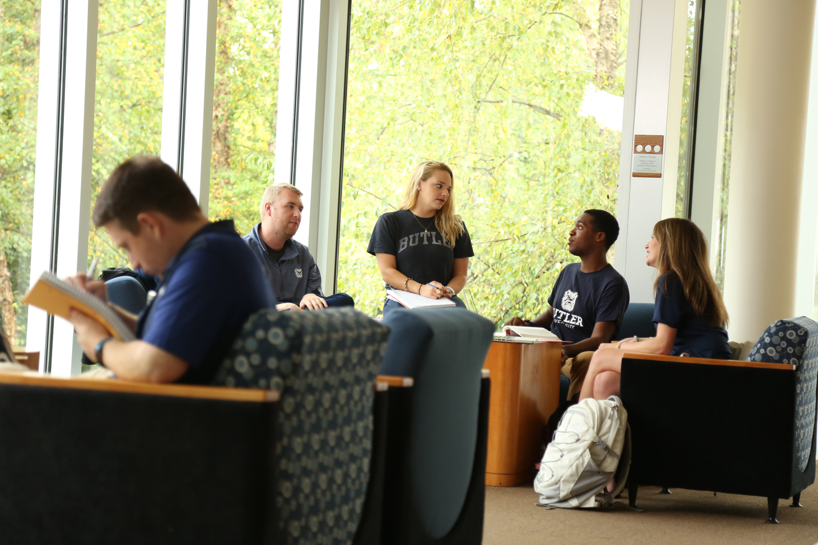 students talking and others studying