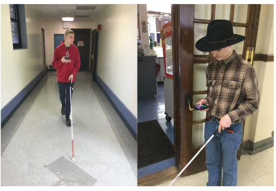 Students from the Indiana School for the Blind and Visually Impaired navigating hallways using the GuideDawg app