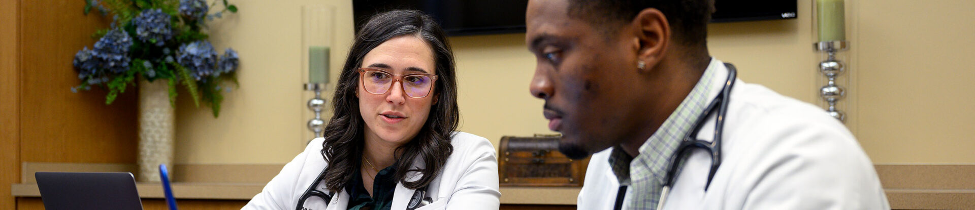 Doctors in white coats working on their laptops in an office room.
