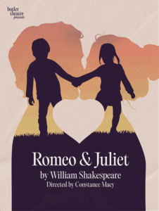 Poster of Romeo & Juliet with an illustration of a boy and girl holding hands and a man and woman kissing.