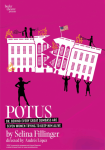 Poster of POTUS with an illustration of the White House broken in half and on fire, while silhouettes of workers hold it up or use fire extinguishers.