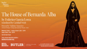 Poster for The House of Bernarda Alba with an illustration of a woman in a black dress.