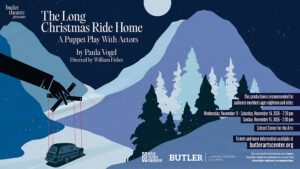 Poster of The Long Christmas Ride Home with an illustration of an automobile driving a snowy mountain road as a puppeteer holds it by the strings.