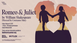 Poster of Romeo & Juliet with an illustration of a boy and girl holding hands and a man and woman kissing.