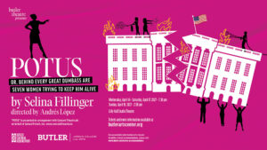 Poster of POTUS with an illustration of the White House broken in half and on fire, while silhouettes of workers hold it up or use fire extinguishers.