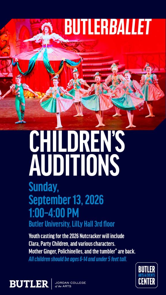 Poster of child dancers in costume during Nutcracker ballet, with audition information.