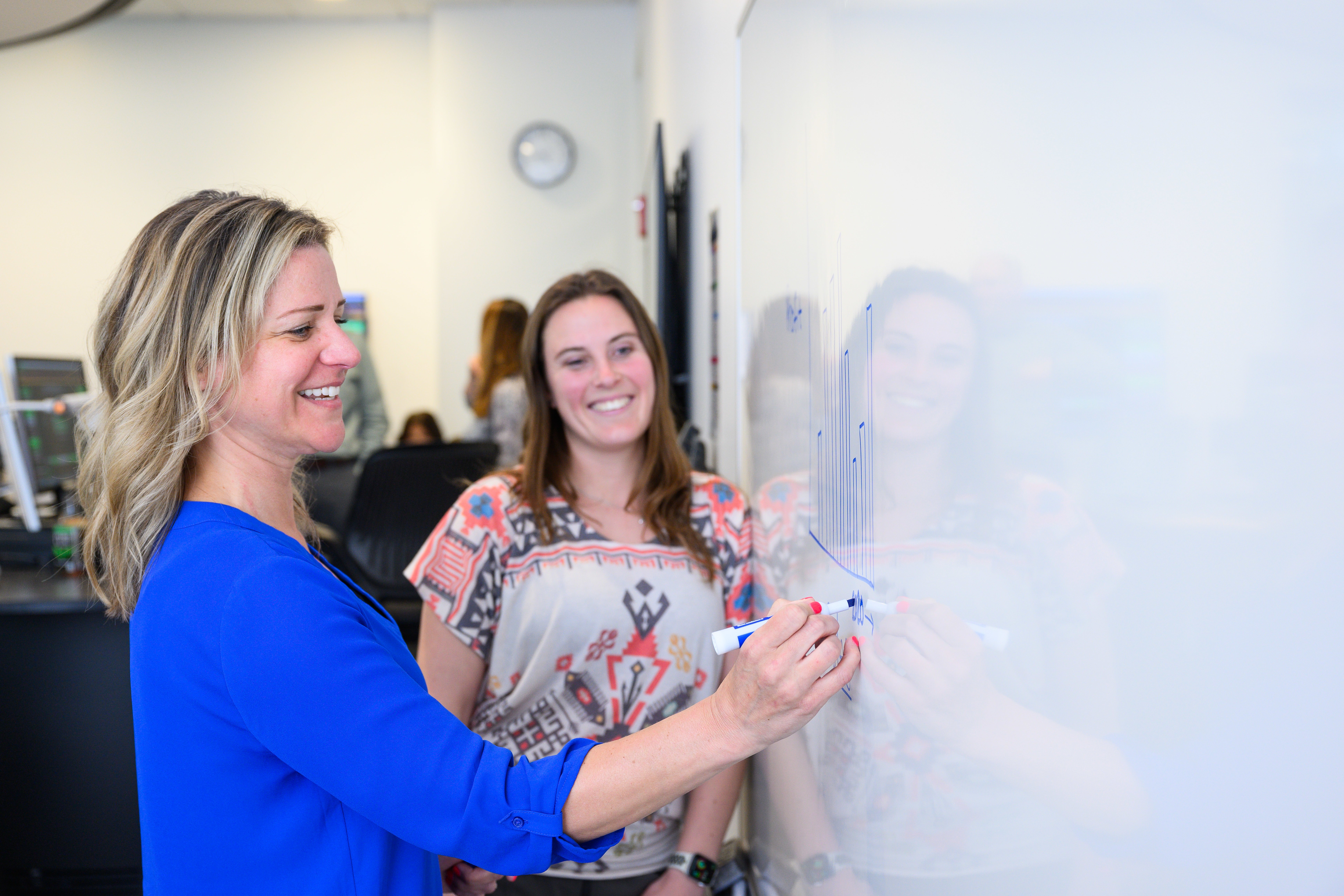 Two women in front of a whiteboard, one of them is writing on the board and the other is laughing with her.