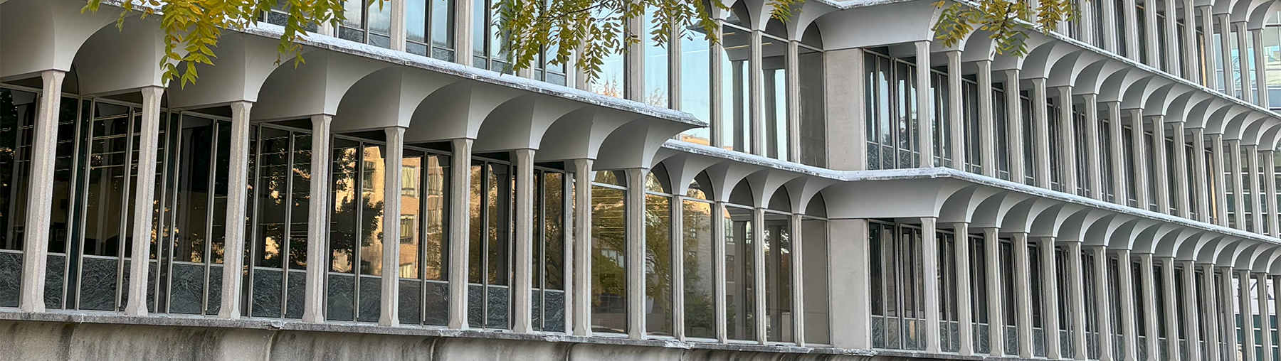 Cropped view of the front of Irwin Library