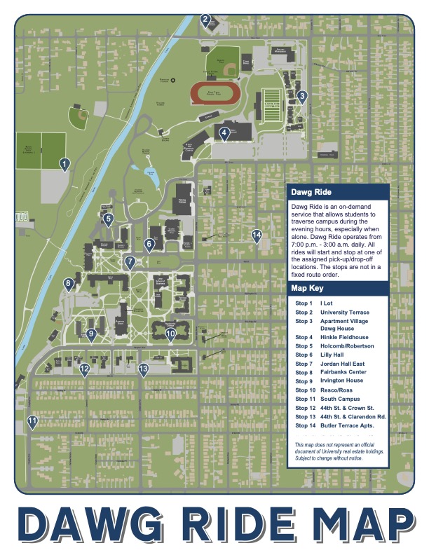 Map of Dawg Ride route throughout Butler University campus