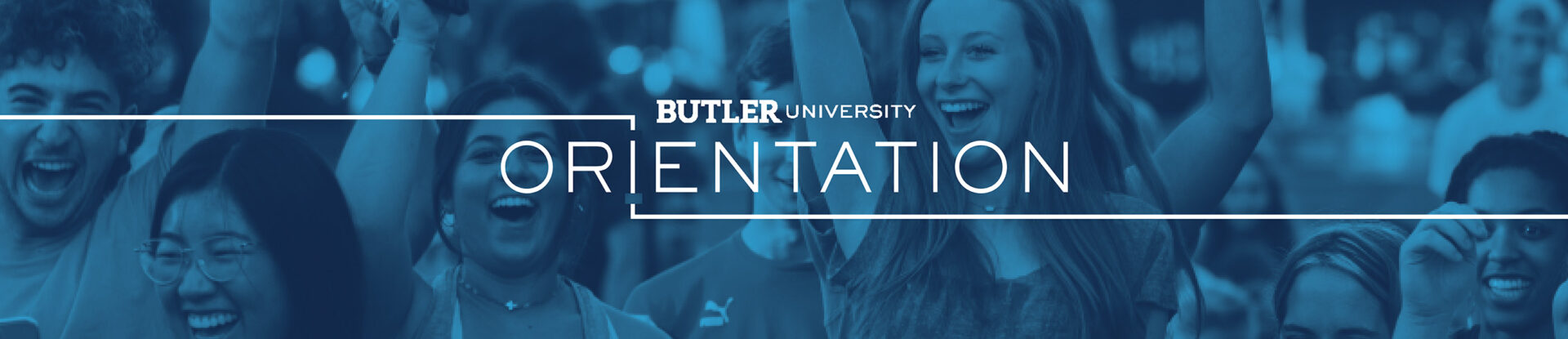 "Butler University Orientation" text overlaid on a background picture of students cheering wildly.
