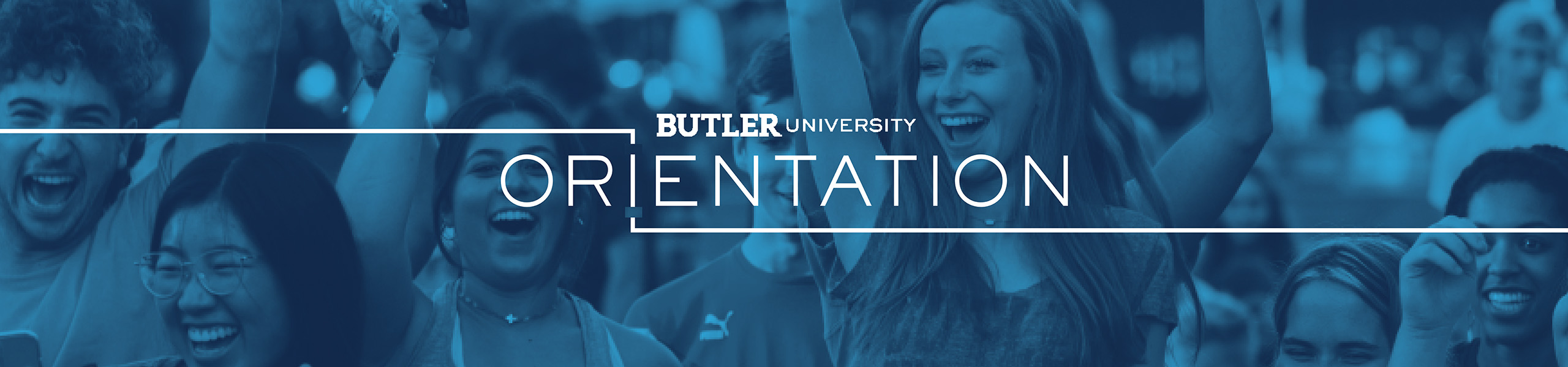 "Butler University Orientation" text overlaid on a background picture of students cheering wildly.