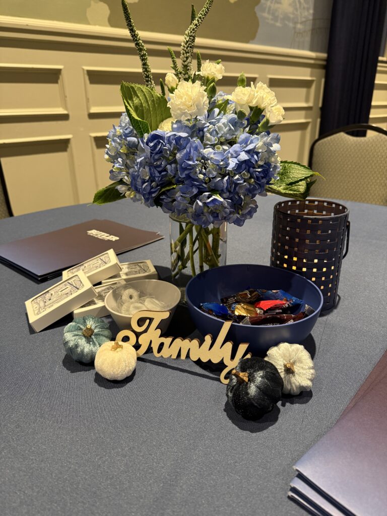 Table decorations at family council meeting.