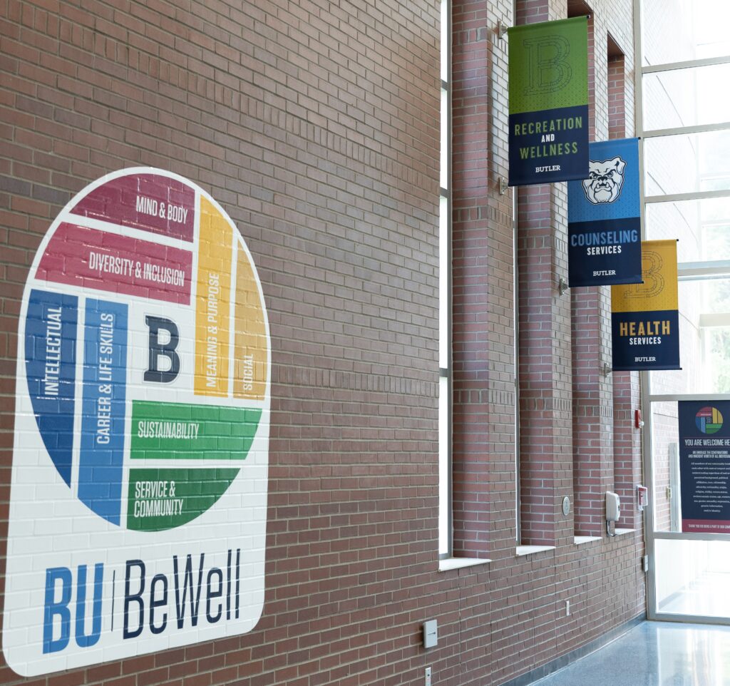 BuBeWell logo and RecWell banners in the HRC hallway