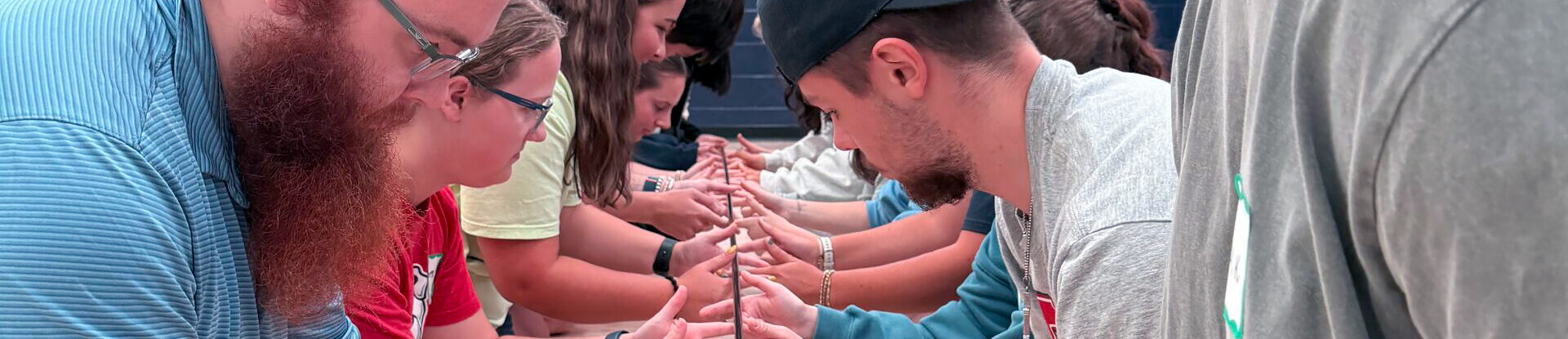 Group of people standing opposite each other with their hands meeting at a line in a group activity.