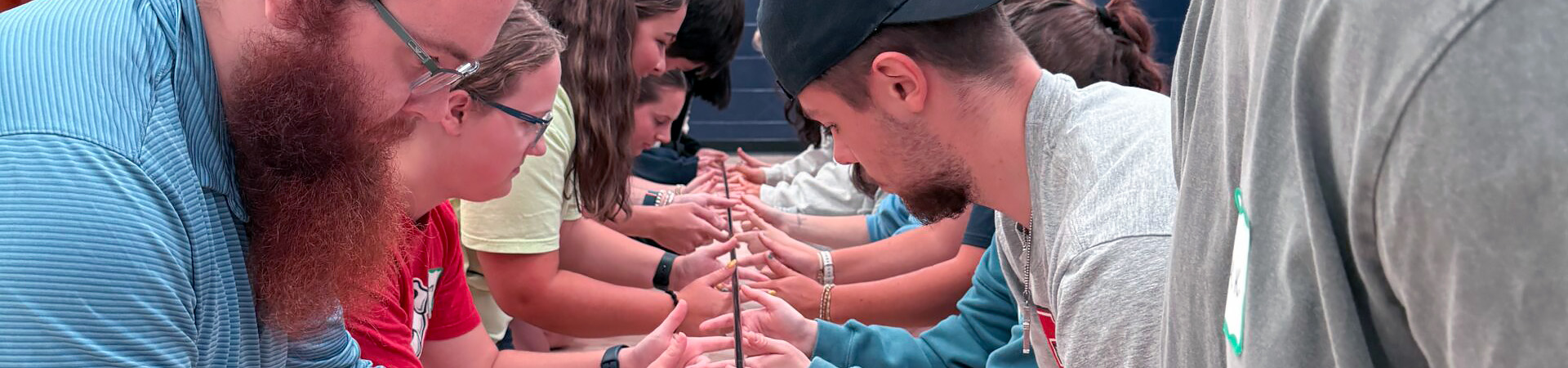 Group of people standing opposite each other with their hands meeting at a line in a group activity.