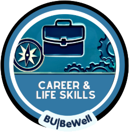 Circular badge with illustration of a compass, briefcase, and cog wheels, with the words "Career & Life Skills."