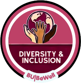 Circular badge with illustration of a globe held by three hands of different colors, with the words "Diversity & Inclusion."