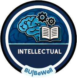 Circular badge with illustration of a brain, cog wheels, and an open book, with the word "Intellectual."