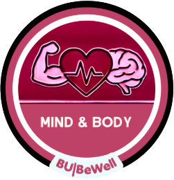 Circular badge with illustration of a muscular arm, heart, and brain, with the words "Mind & Body."