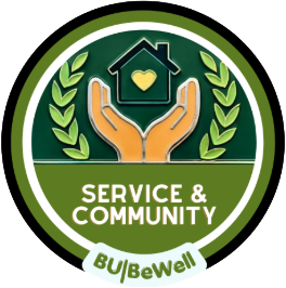 Circular badge with illustration of two hands holding a house icon with a heart inside it, with the words "Service & Community."