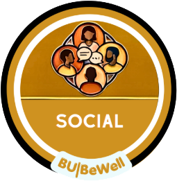 Circular badge with illustration of four people speaking to each other, with the word "Social."